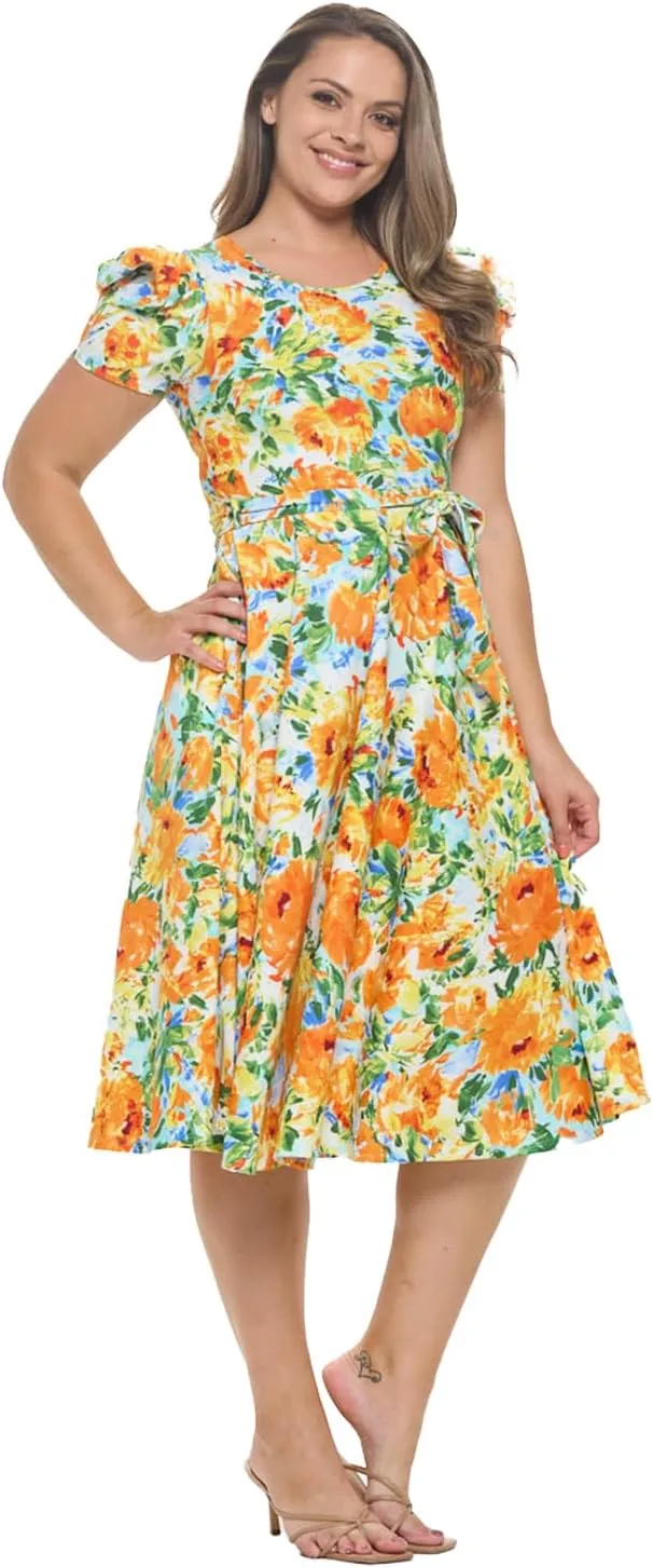 Stylish FABRIC Women's Short Puff Sleeve Midi Cocktail Flare Tea Party, Formal and Casual Dresses