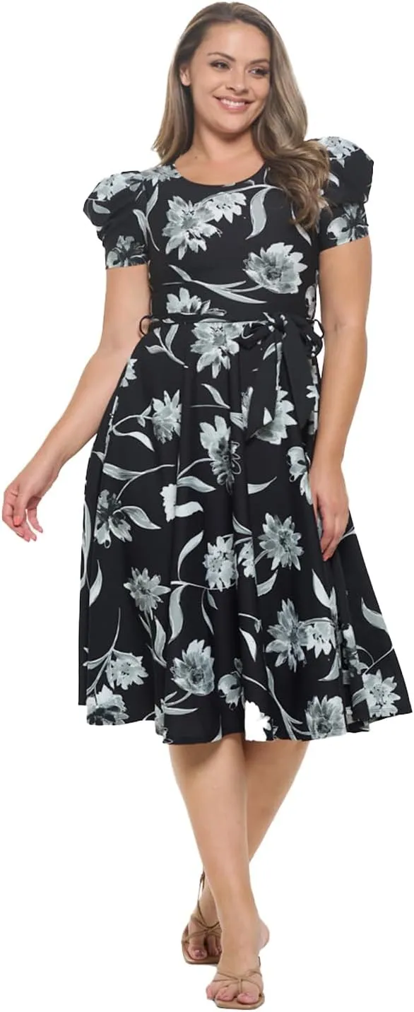 Stylish FABRIC Women's Short Puff Sleeve Midi Cocktail Flare Tea Party, Formal and Casual Dresses