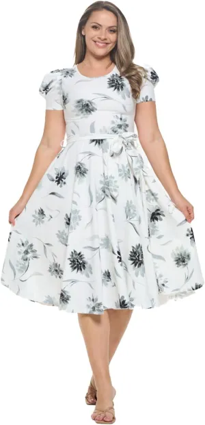 Stylish FABRIC Women's Short Puff Sleeve Midi Cocktail Flare Tea Party, Formal and Casual Dresses
