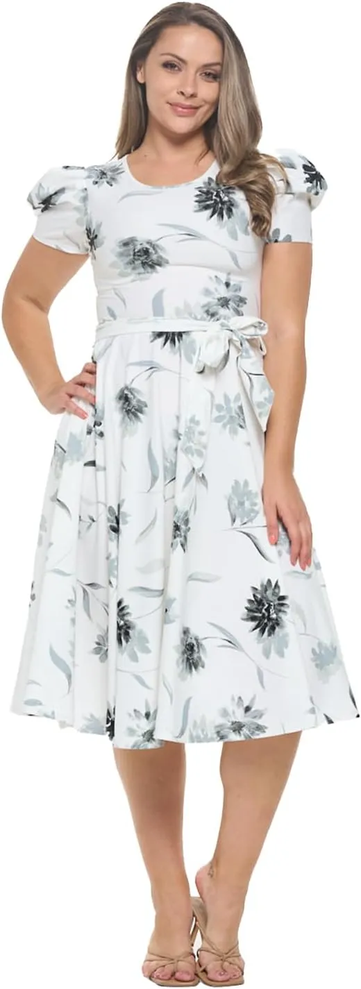 Stylish FABRIC Women's Short Puff Sleeve Midi Cocktail Flare Tea Party, Formal and Casual Dresses