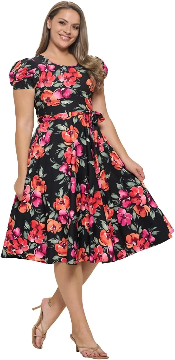 Stylish FABRIC Women's Short Puff Sleeve Midi Cocktail Flare Tea Party, Formal and Casual Dresses