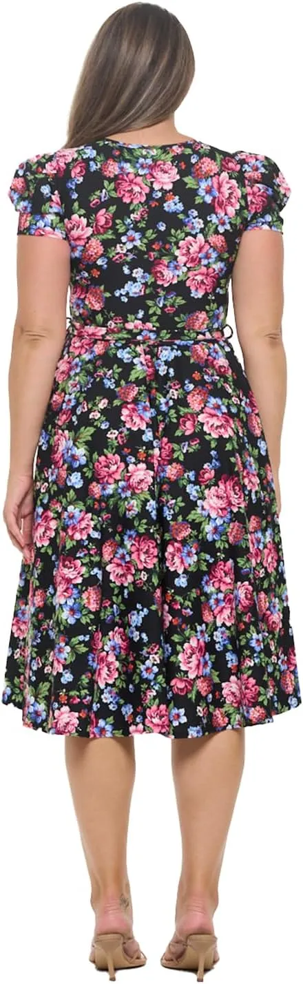 Stylish FABRIC Women's Short Puff Sleeve Midi Cocktail Flare Tea Party, Formal and Casual Dresses