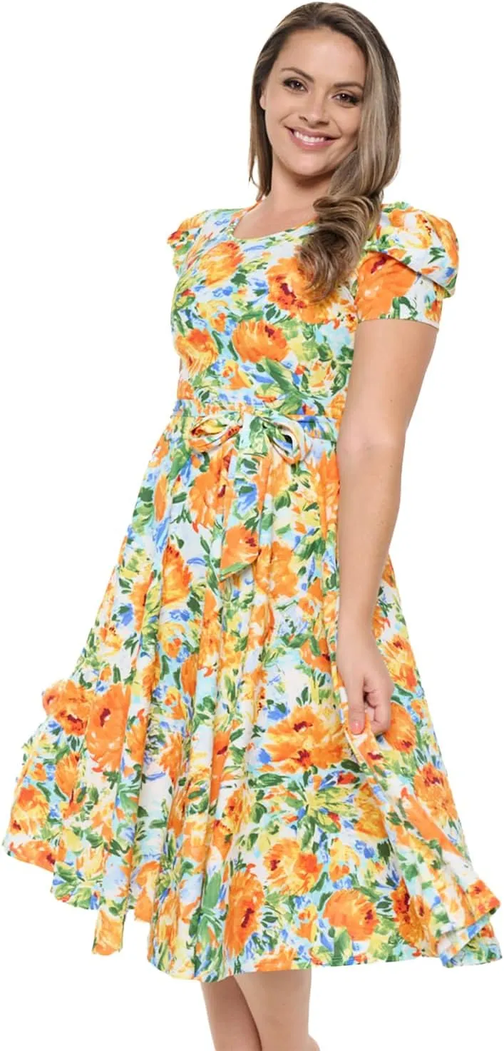 Stylish FABRIC Women's Short Puff Sleeve Midi Cocktail Flare Tea Party, Formal and Casual Dresses