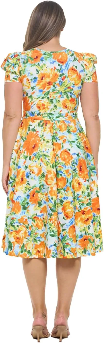Stylish FABRIC Women's Short Puff Sleeve Midi Cocktail Flare Tea Party, Formal and Casual Dresses