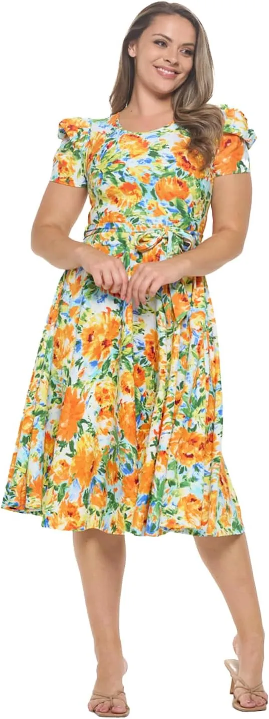 Stylish FABRIC Women's Short Puff Sleeve Midi Cocktail Flare Tea Party, Formal and Casual Dresses