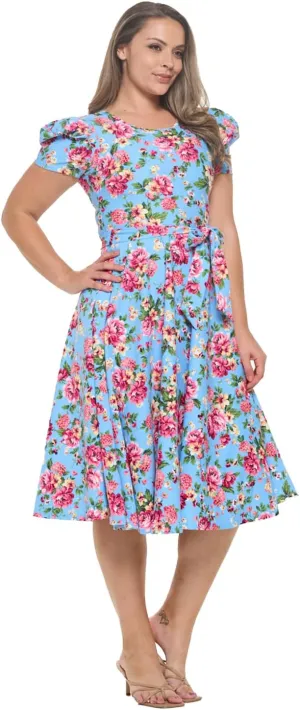 Stylish FABRIC Women's Short Puff Sleeve Midi Cocktail Flare Tea Party, Formal and Casual Dresses