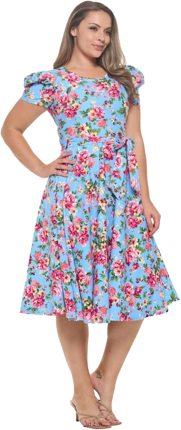Stylish FABRIC Women's Short Puff Sleeve Midi Cocktail Flare Tea Party, Formal and Casual Dresses