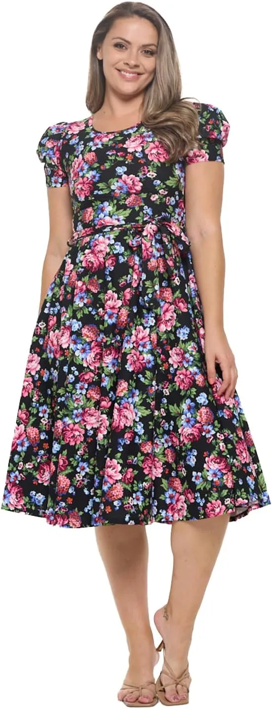Stylish FABRIC Women's Short Puff Sleeve Midi Cocktail Flare Tea Party, Formal and Casual Dresses