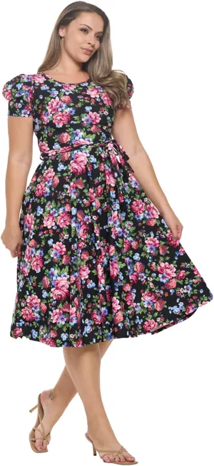 Stylish FABRIC Women's Short Puff Sleeve Midi Cocktail Flare Tea Party, Formal and Casual Dresses
