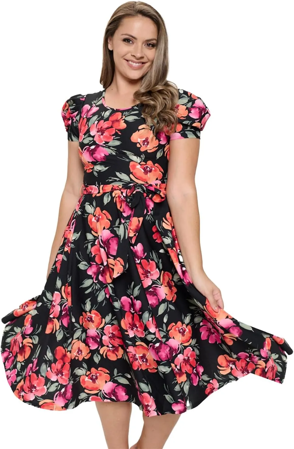 Stylish FABRIC Women's Short Puff Sleeve Midi Cocktail Flare Tea Party, Formal and Casual Dresses