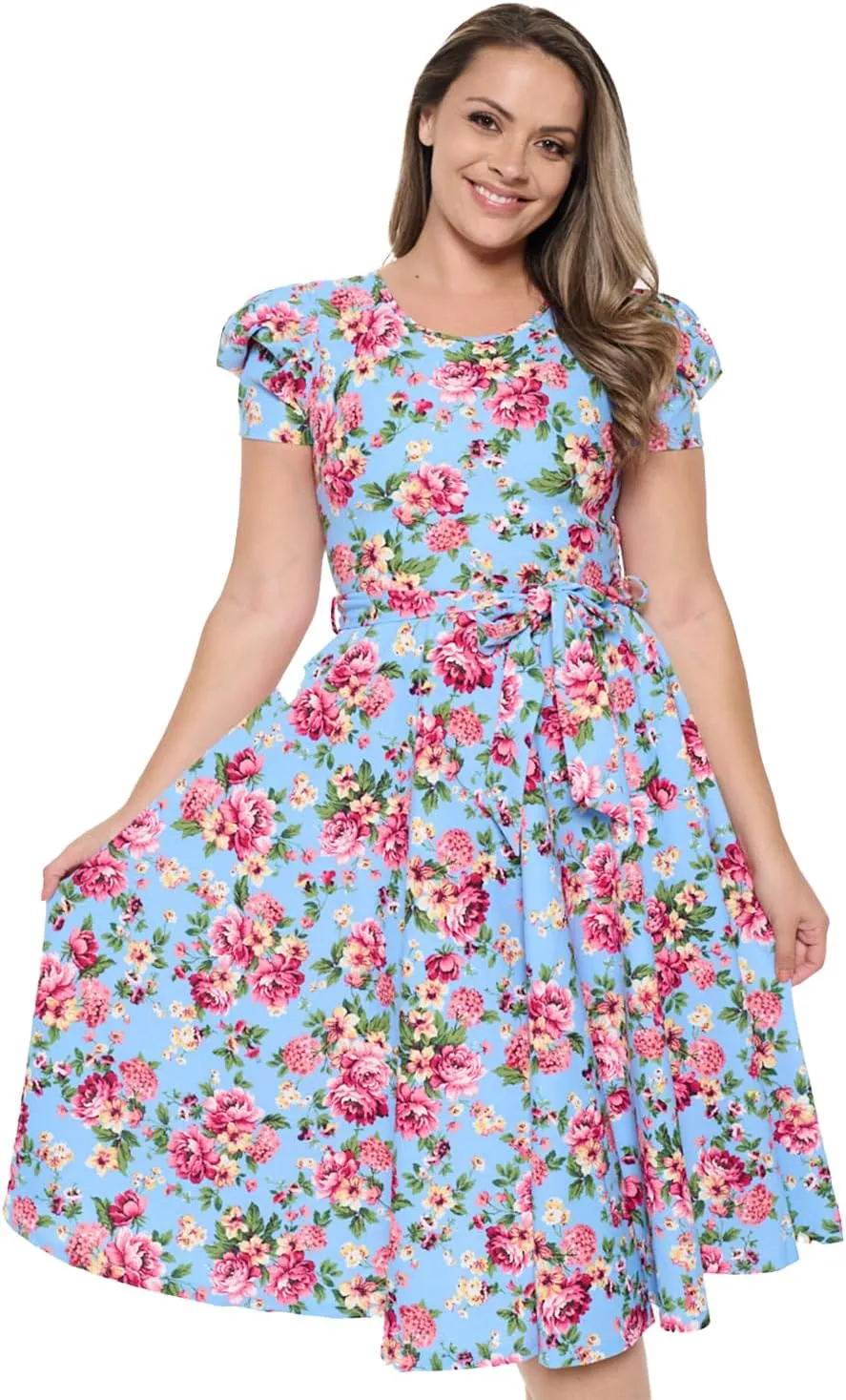 Stylish FABRIC Women's Short Puff Sleeve Midi Cocktail Flare Tea Party, Formal and Casual Dresses