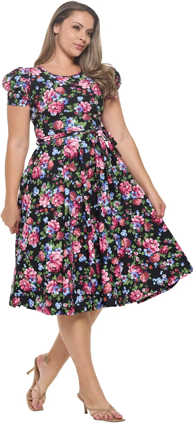 Stylish FABRIC Women's Short Puff Sleeve Midi Cocktail Flare Tea Party, Formal and Casual Dresses