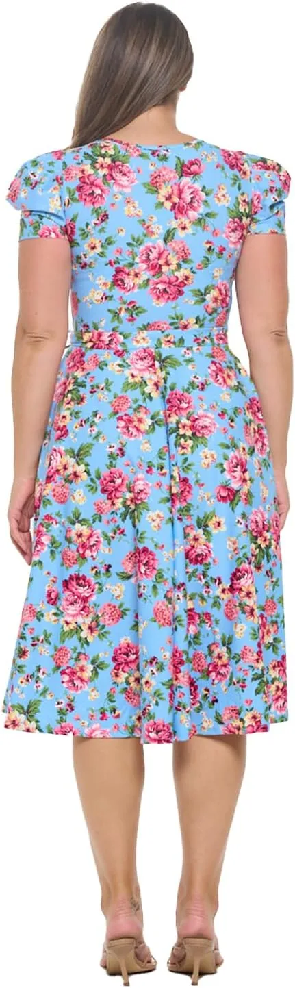 Stylish FABRIC Women's Short Puff Sleeve Midi Cocktail Flare Tea Party, Formal and Casual Dresses