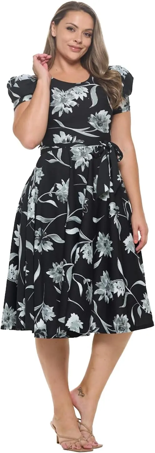 Stylish FABRIC Women's Short Puff Sleeve Midi Cocktail Flare Tea Party, Formal and Casual Dresses