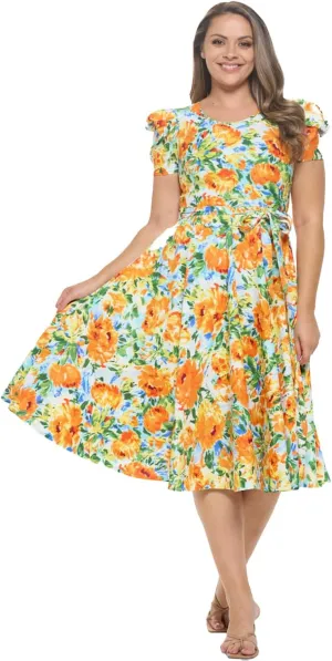 Stylish FABRIC Women's Short Puff Sleeve Midi Cocktail Flare Tea Party, Formal and Casual Dresses