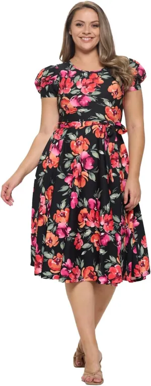 Stylish FABRIC Women's Short Puff Sleeve Midi Cocktail Flare Tea Party, Formal and Casual Dresses