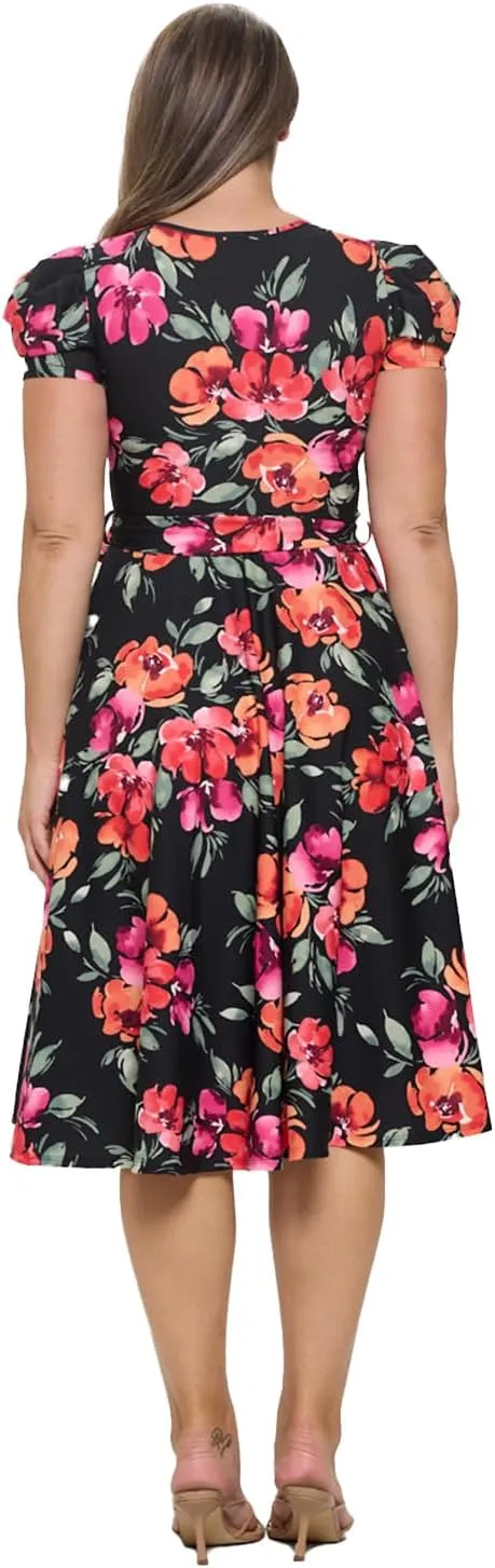 Stylish FABRIC Women's Short Puff Sleeve Midi Cocktail Flare Tea Party, Formal and Casual Dresses
