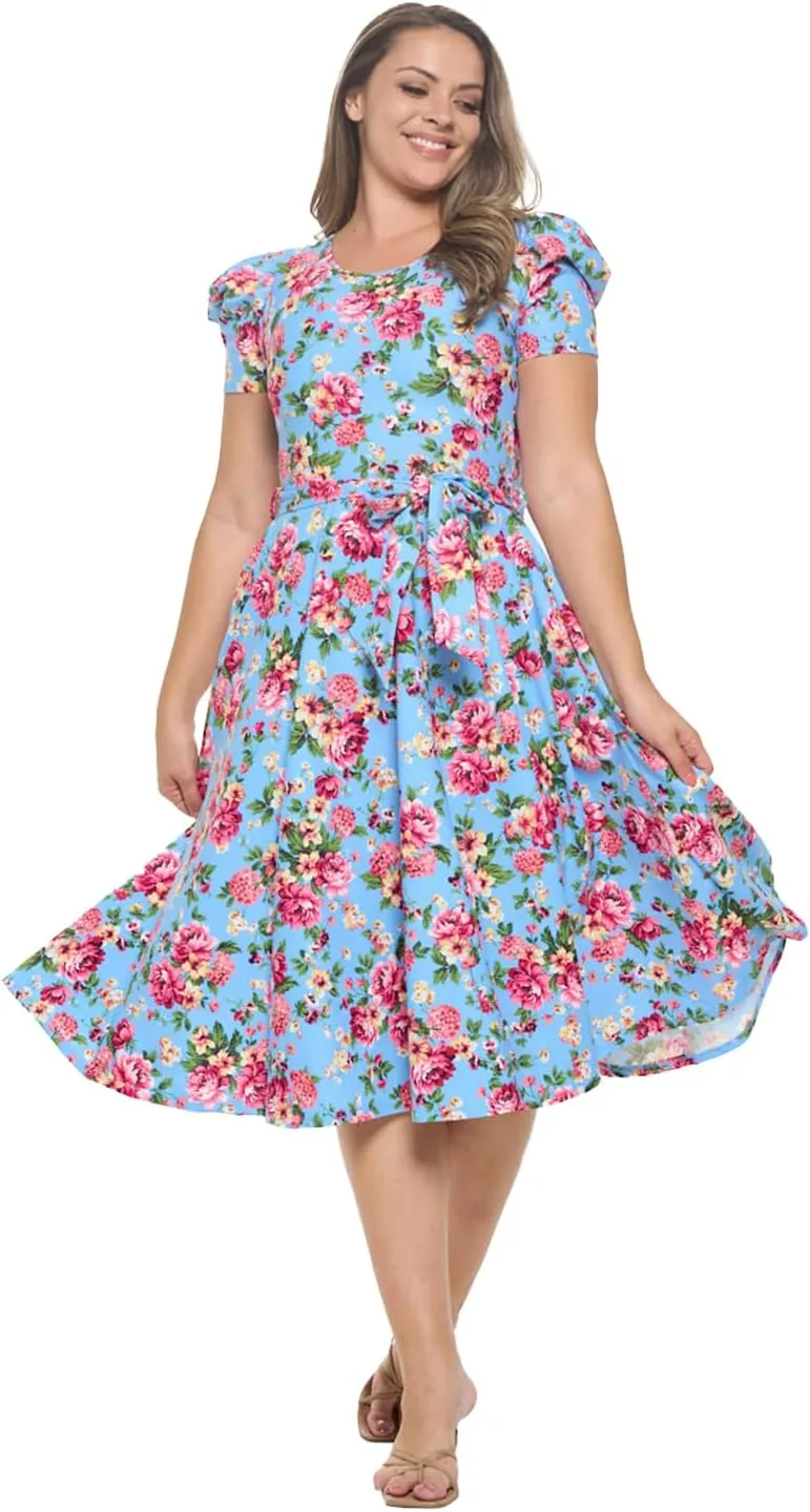 Stylish FABRIC Women's Short Puff Sleeve Midi Cocktail Flare Tea Party, Formal and Casual Dresses