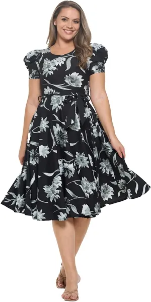 Stylish FABRIC Women's Short Puff Sleeve Midi Cocktail Flare Tea Party, Formal and Casual Dresses