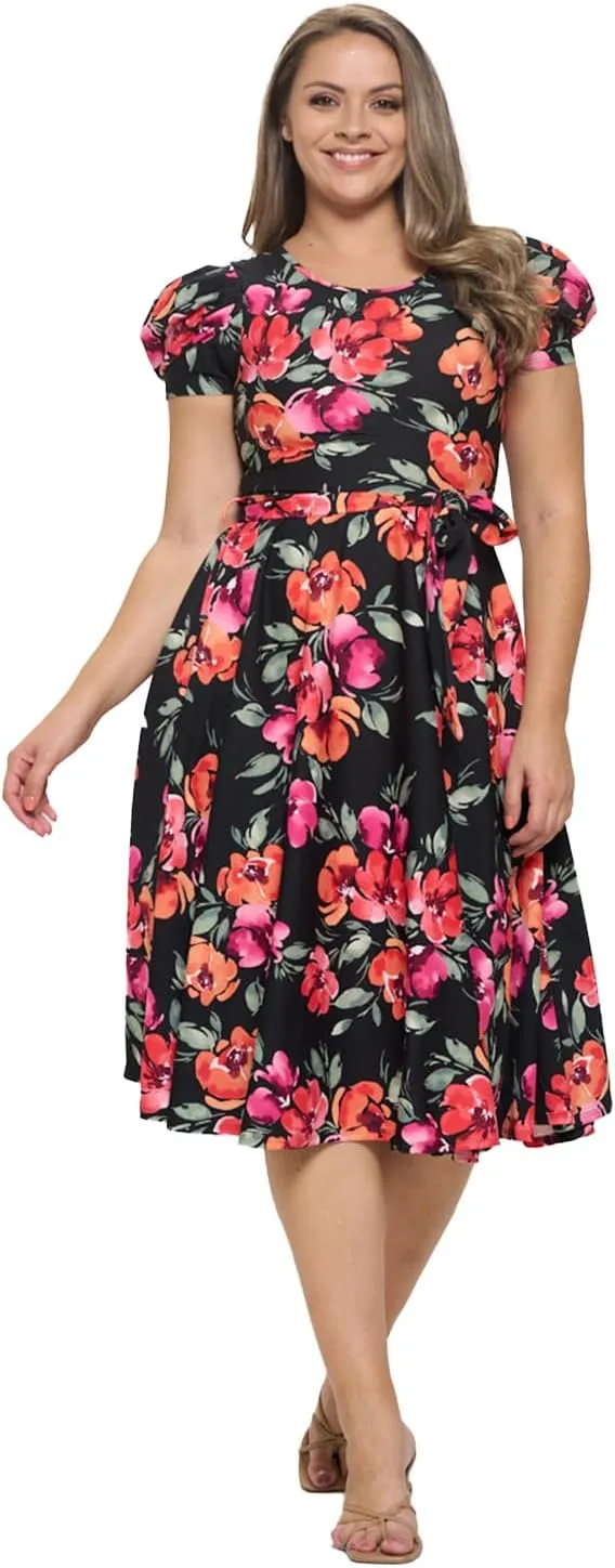 Stylish FABRIC Women's Short Puff Sleeve Midi Cocktail Flare Tea Party, Formal and Casual Dresses