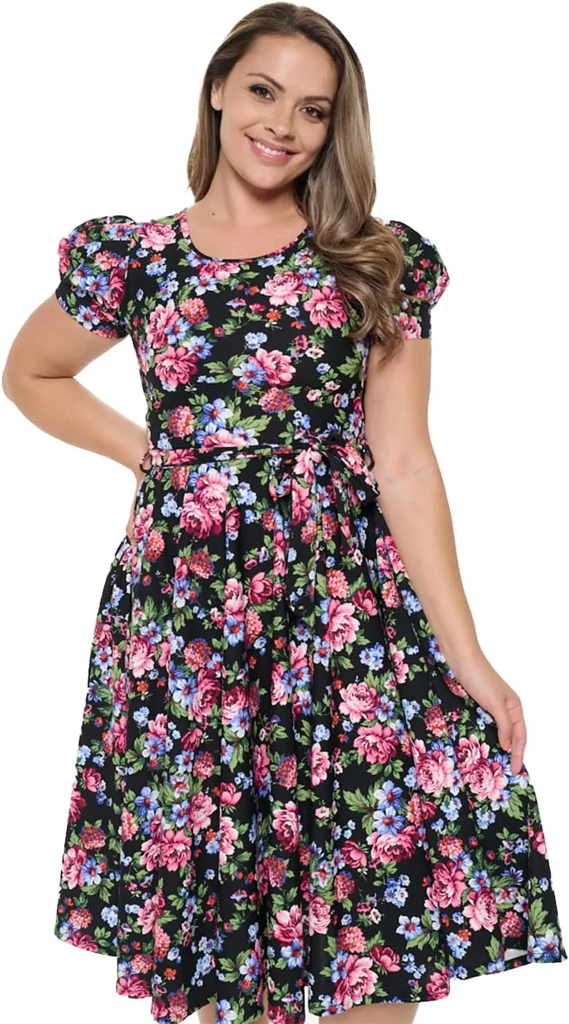 Stylish FABRIC Women's Short Puff Sleeve Midi Cocktail Flare Tea Party, Formal and Casual Dresses