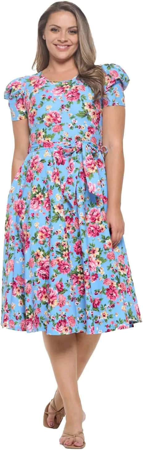 Stylish FABRIC Women's Short Puff Sleeve Midi Cocktail Flare Tea Party, Formal and Casual Dresses