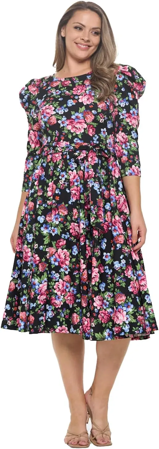 Stylish FABRIC Women's Summer 3/4 Long Sleeve Midi Cocktail Dress Side Pocket and Tie Waist
