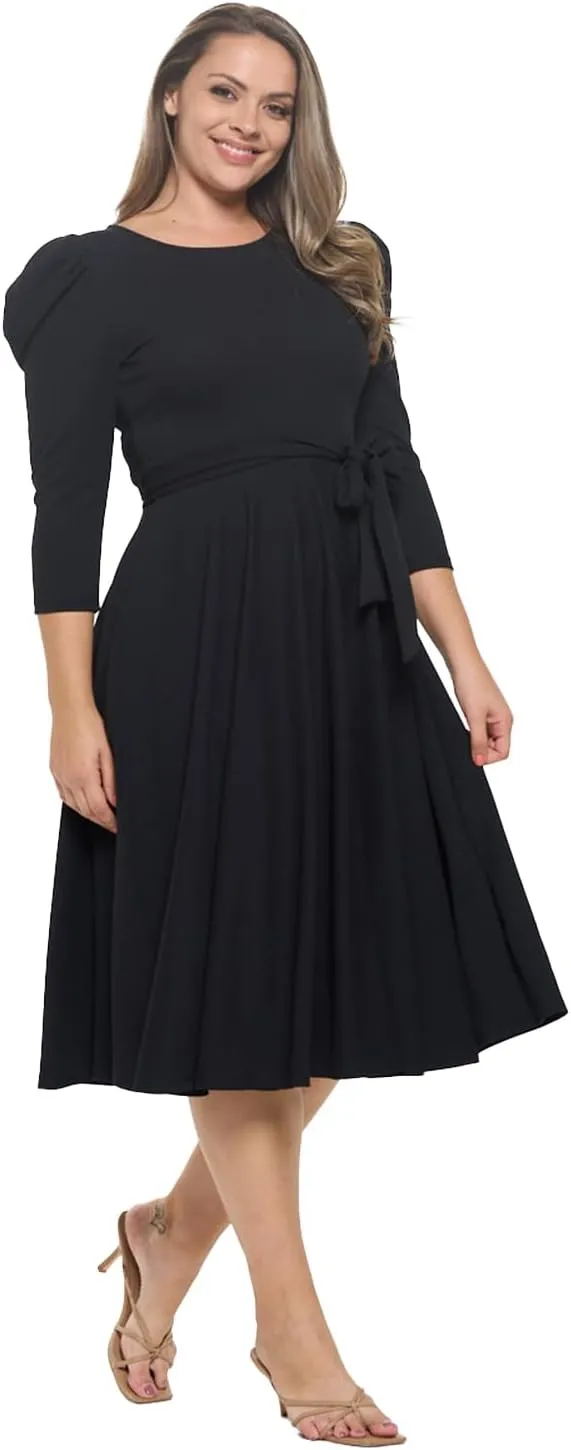 Stylish FABRIC Women's Summer 3/4 Long Sleeve Midi Cocktail Dress Side Pocket and Tie Waist