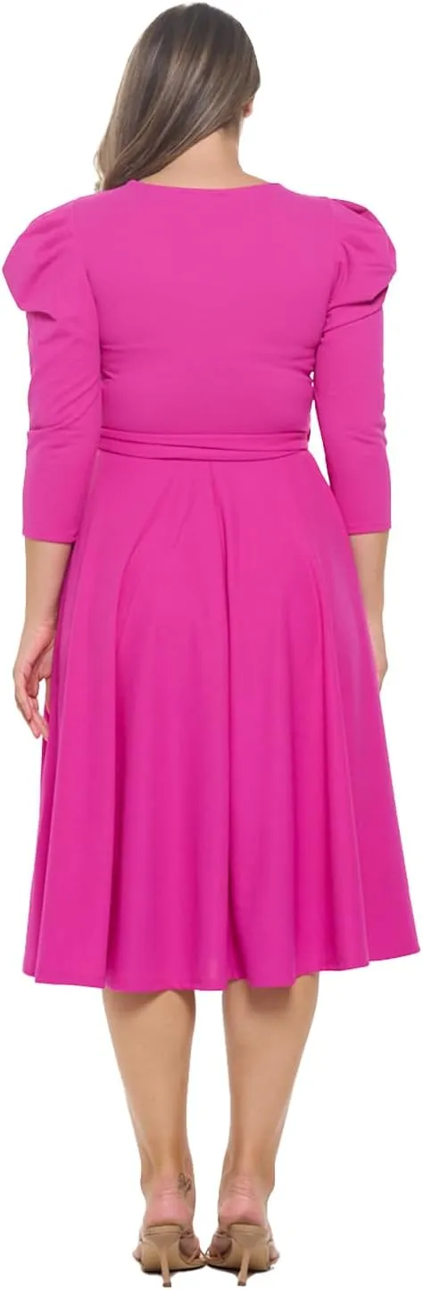 Stylish FABRIC Women's Summer 3/4 Long Sleeve Midi Cocktail Dress Side Pocket and Tie Waist