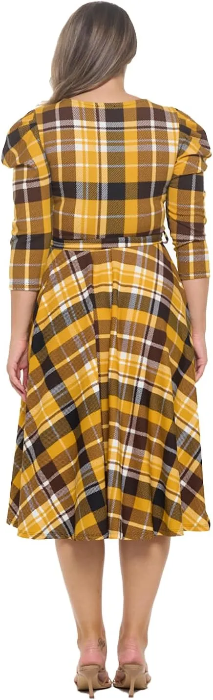 Stylish FABRIC Women's Summer 3/4 Long Sleeve Midi Cocktail Dress Side Pocket and Tie Waist