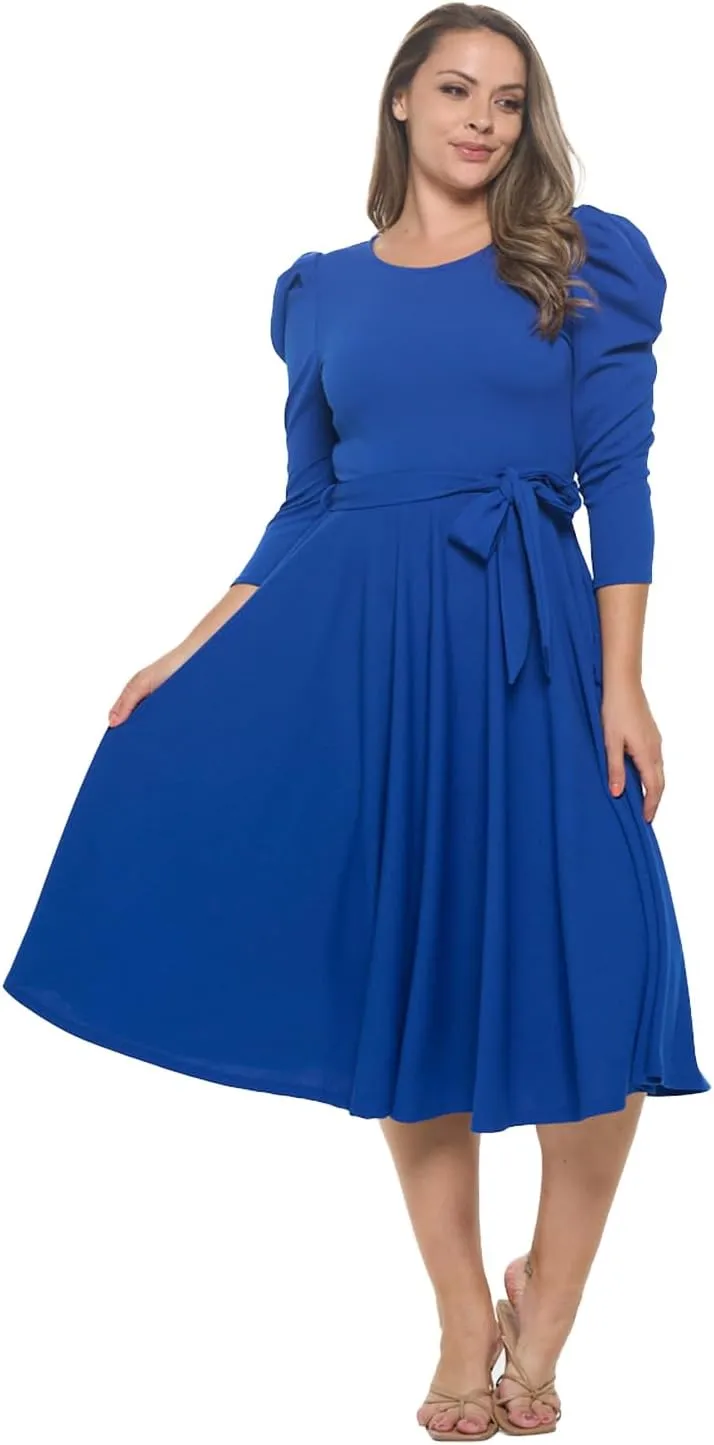 Stylish FABRIC Women's Summer 3/4 Long Sleeve Midi Cocktail Dress Side Pocket and Tie Waist