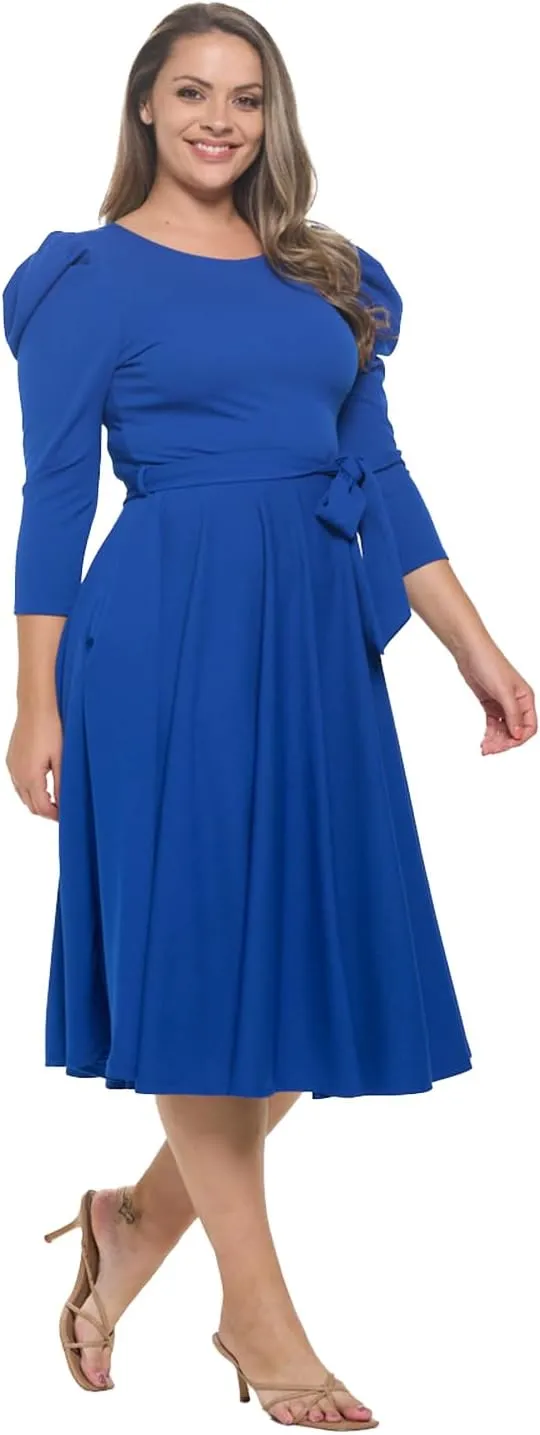 Stylish FABRIC Women's Summer 3/4 Long Sleeve Midi Cocktail Dress Side Pocket and Tie Waist