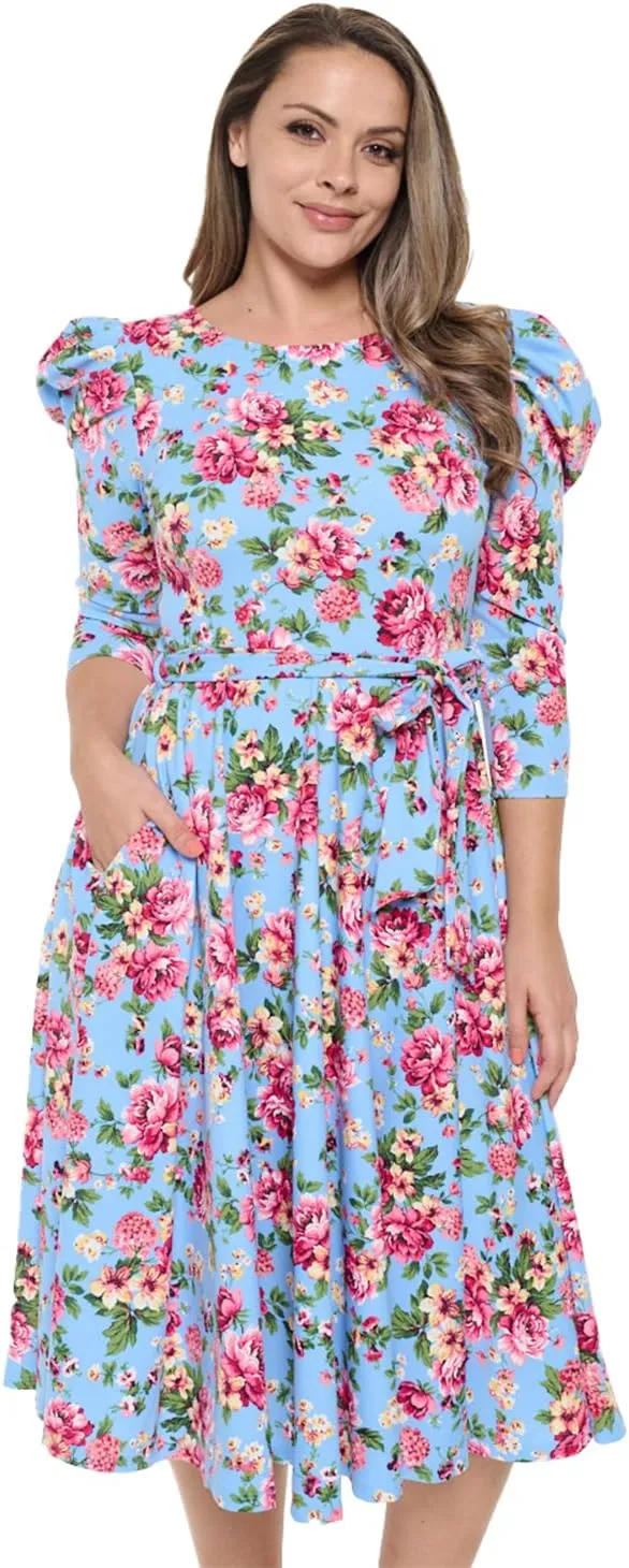 Stylish FABRIC Women's Summer 3/4 Long Sleeve Midi Cocktail Dress Side Pocket and Tie Waist
