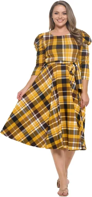 Stylish FABRIC Women's Summer 3/4 Long Sleeve Midi Cocktail Dress Side Pocket and Tie Waist