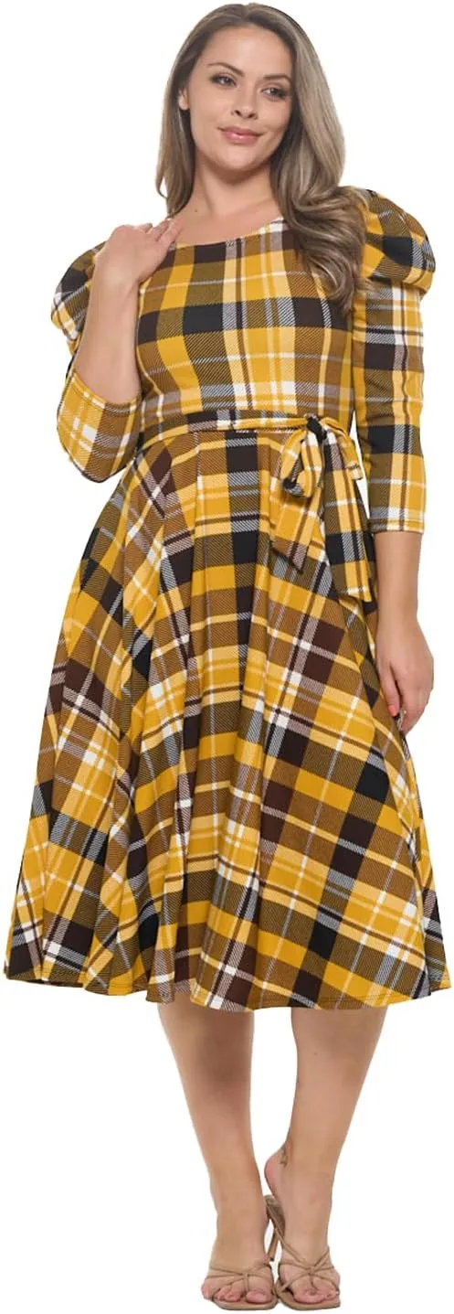 Stylish FABRIC Women's Summer 3/4 Long Sleeve Midi Cocktail Dress Side Pocket and Tie Waist