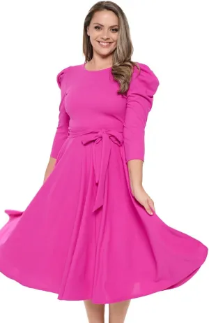 Stylish FABRIC Women's Summer 3/4 Long Sleeve Midi Cocktail Dress Side Pocket and Tie Waist
