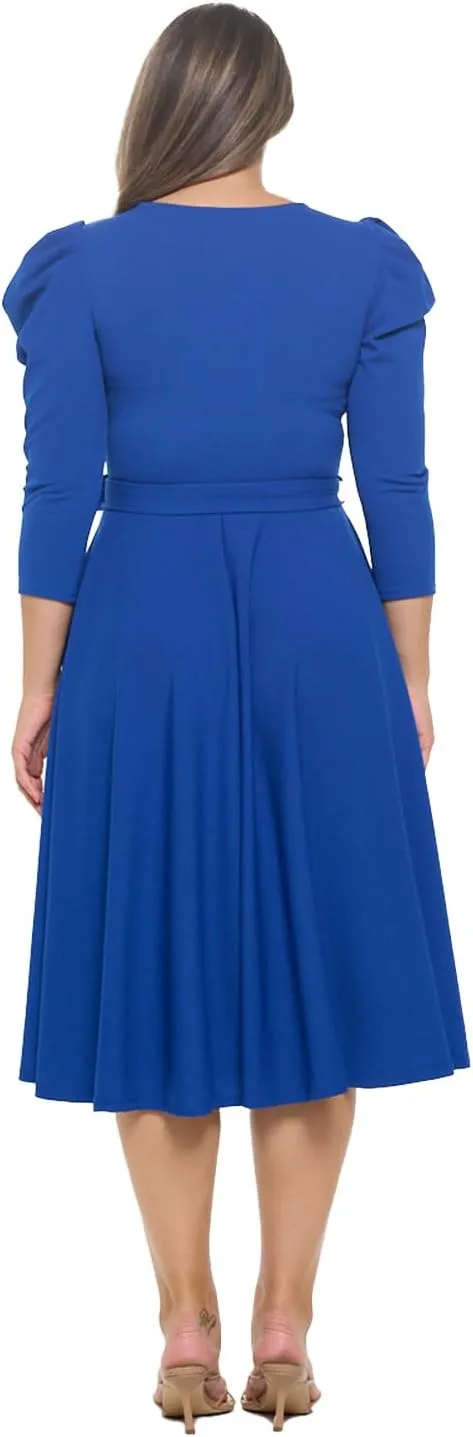 Stylish FABRIC Women's Summer 3/4 Long Sleeve Midi Cocktail Dress Side Pocket and Tie Waist