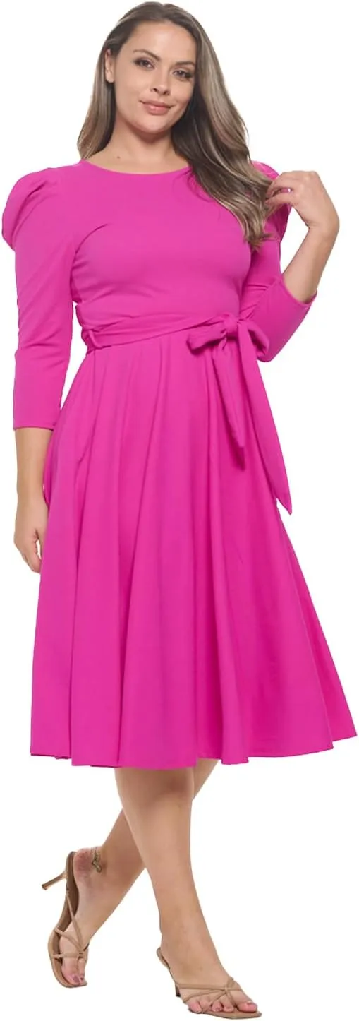 Stylish FABRIC Women's Summer 3/4 Long Sleeve Midi Cocktail Dress Side Pocket and Tie Waist