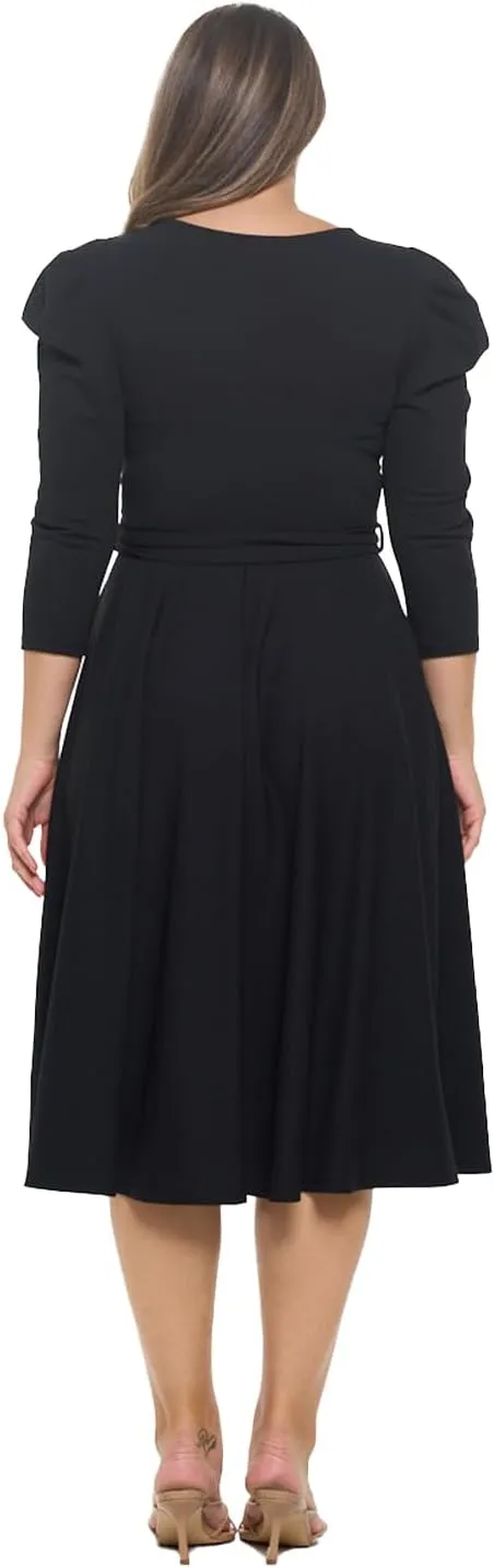 Stylish FABRIC Women's Summer 3/4 Long Sleeve Midi Cocktail Dress Side Pocket and Tie Waist