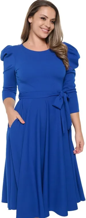 Stylish FABRIC Women's Summer 3/4 Long Sleeve Midi Cocktail Dress Side Pocket and Tie Waist