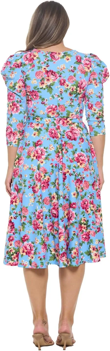 Stylish FABRIC Women's Summer 3/4 Long Sleeve Midi Cocktail Dress Side Pocket and Tie Waist