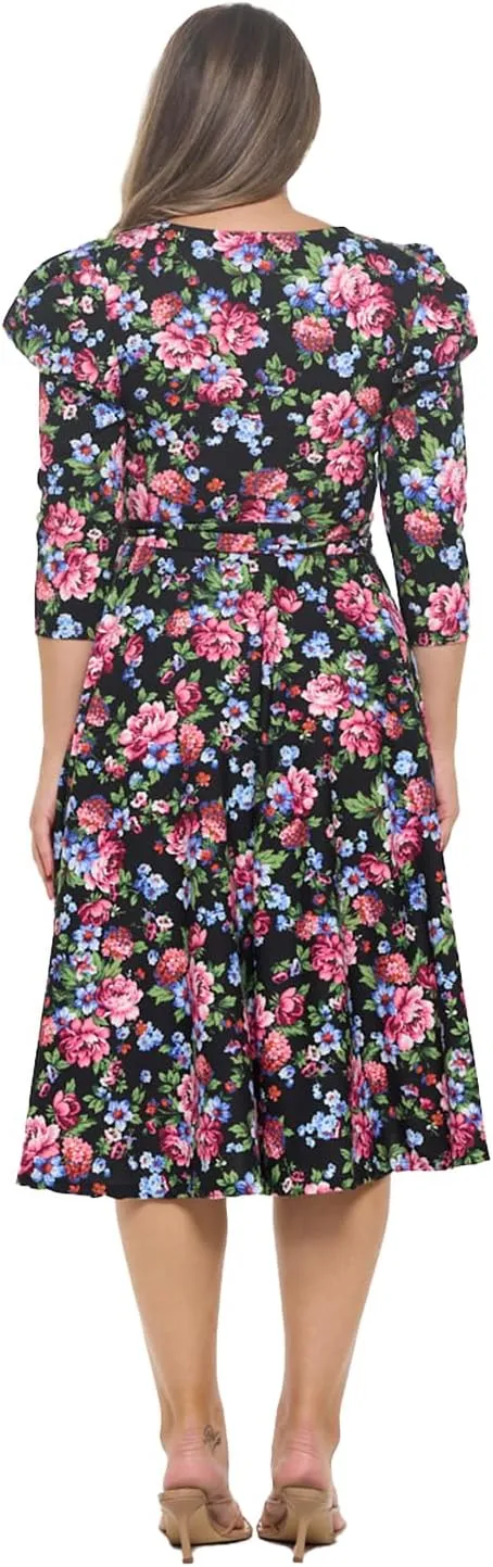Stylish FABRIC Women's Summer 3/4 Long Sleeve Midi Cocktail Dress Side Pocket and Tie Waist