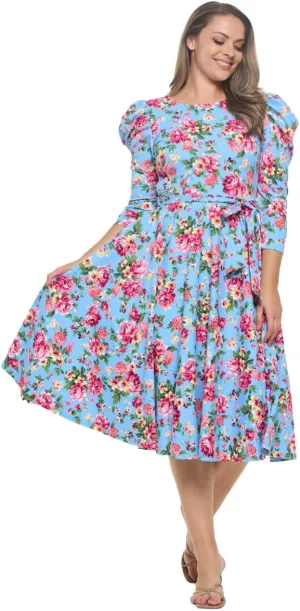Stylish FABRIC Women's Summer 3/4 Long Sleeve Midi Cocktail Dress Side Pocket and Tie Waist