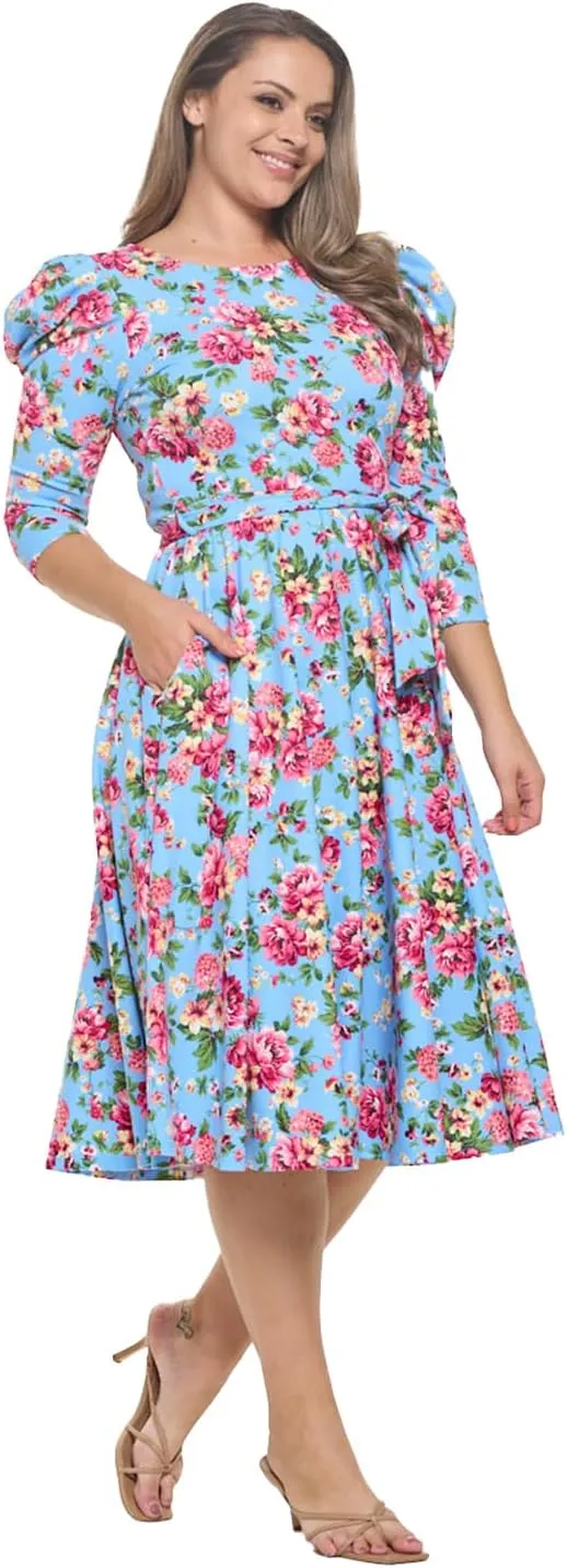 Stylish FABRIC Women's Summer 3/4 Long Sleeve Midi Cocktail Dress Side Pocket and Tie Waist