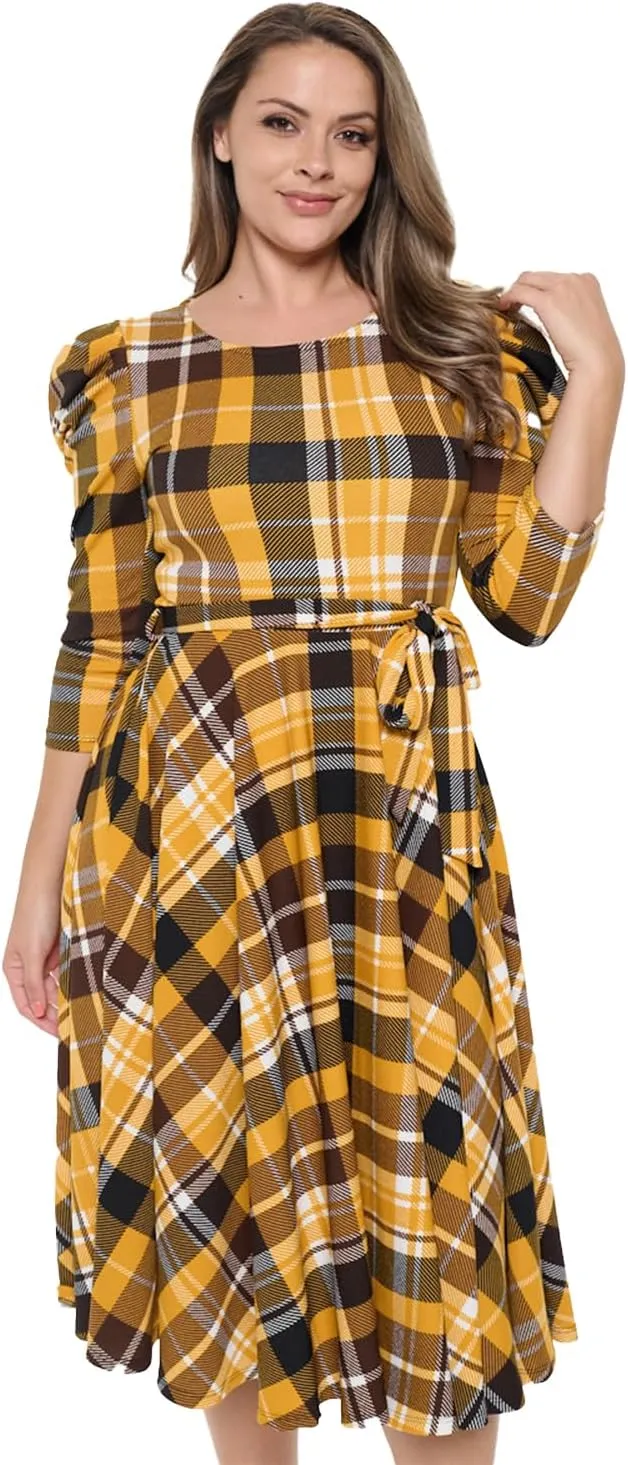 Stylish FABRIC Women's Summer 3/4 Long Sleeve Midi Cocktail Dress Side Pocket and Tie Waist