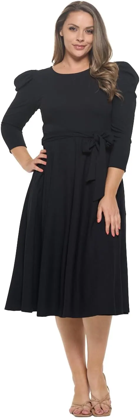Stylish FABRIC Women's Summer 3/4 Long Sleeve Midi Cocktail Dress Side Pocket and Tie Waist