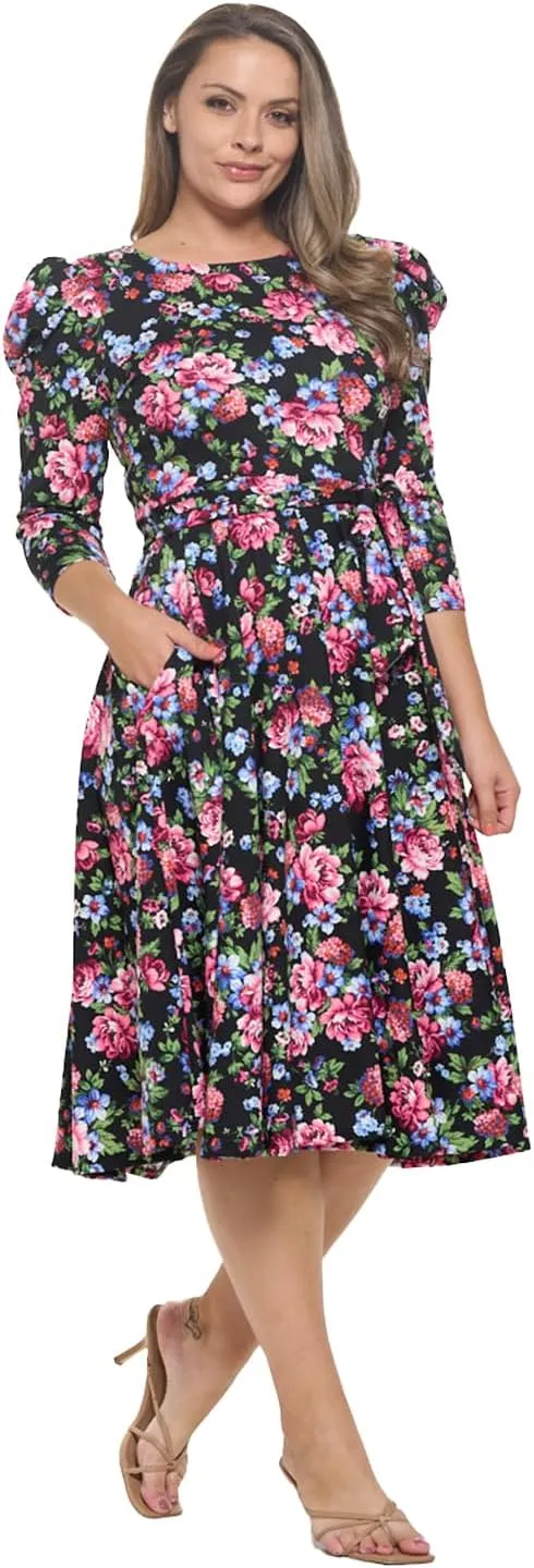 Stylish FABRIC Women's Summer 3/4 Long Sleeve Midi Cocktail Dress Side Pocket and Tie Waist