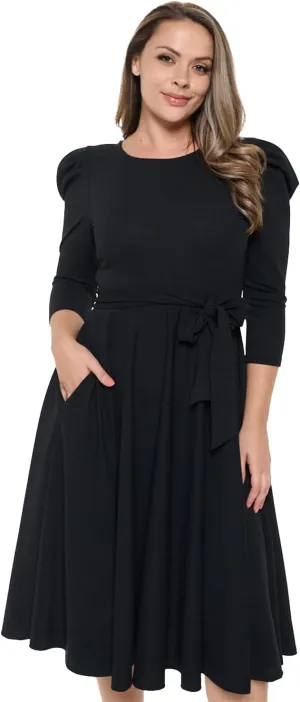 Stylish FABRIC Women's Summer 3/4 Long Sleeve Midi Cocktail Dress Side Pocket and Tie Waist