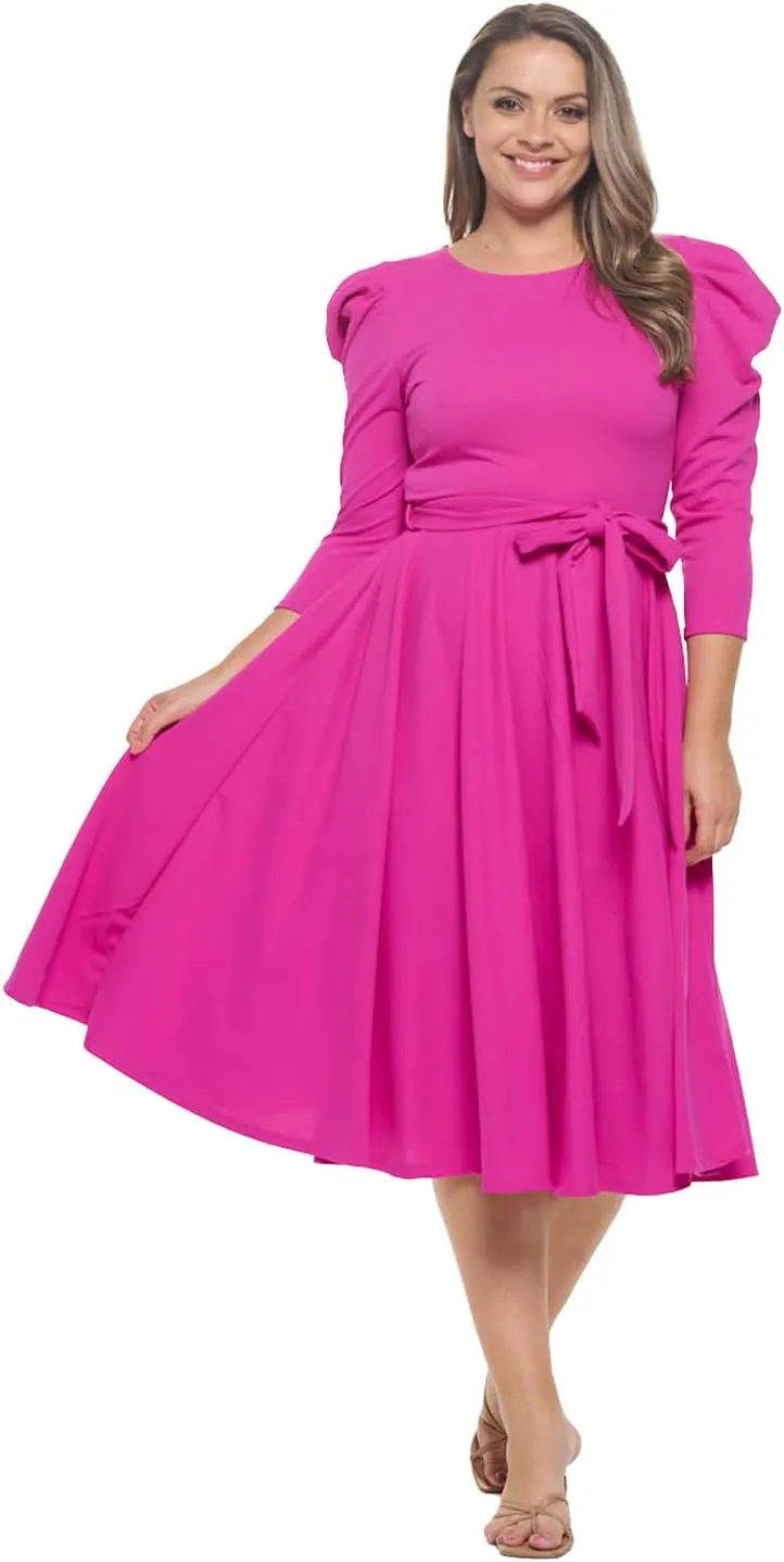 Stylish FABRIC Women's Summer 3/4 Long Sleeve Midi Cocktail Dress Side Pocket and Tie Waist
