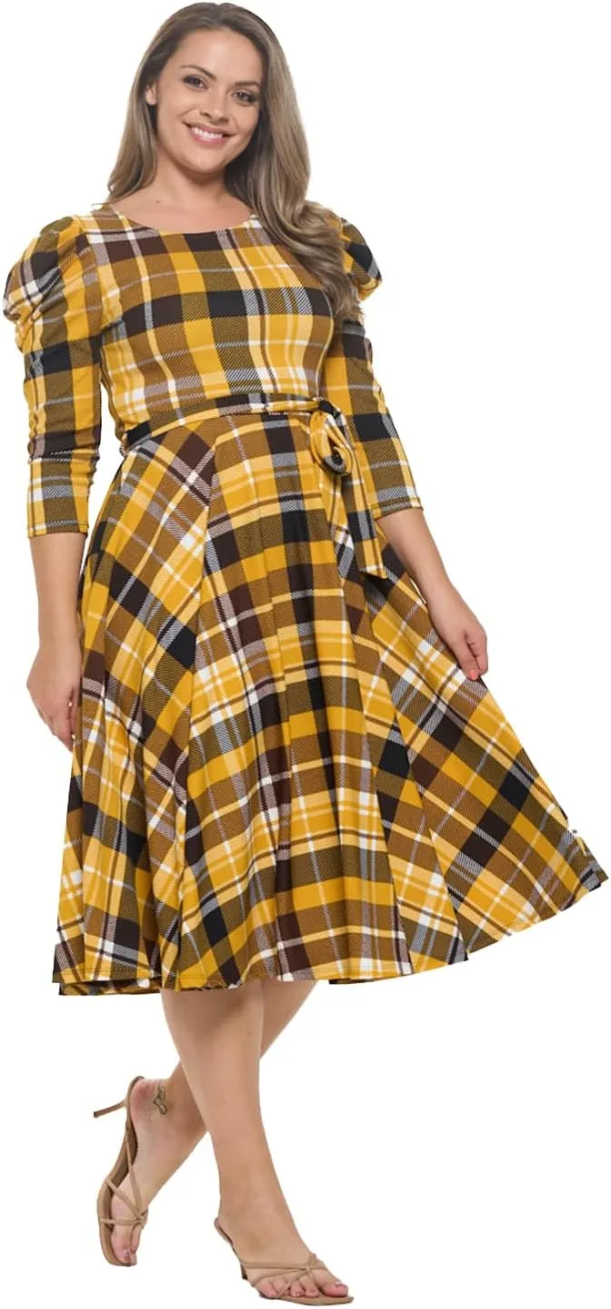 Stylish FABRIC Women's Summer 3/4 Long Sleeve Midi Cocktail Dress Side Pocket and Tie Waist